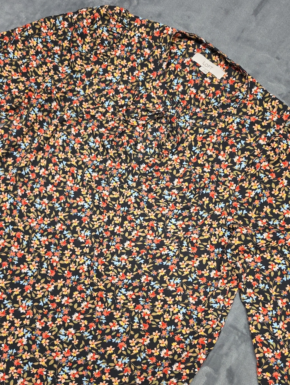 LOFT Large Black Floral Blouse with Orange, Yellow & Light Blue Flowers
